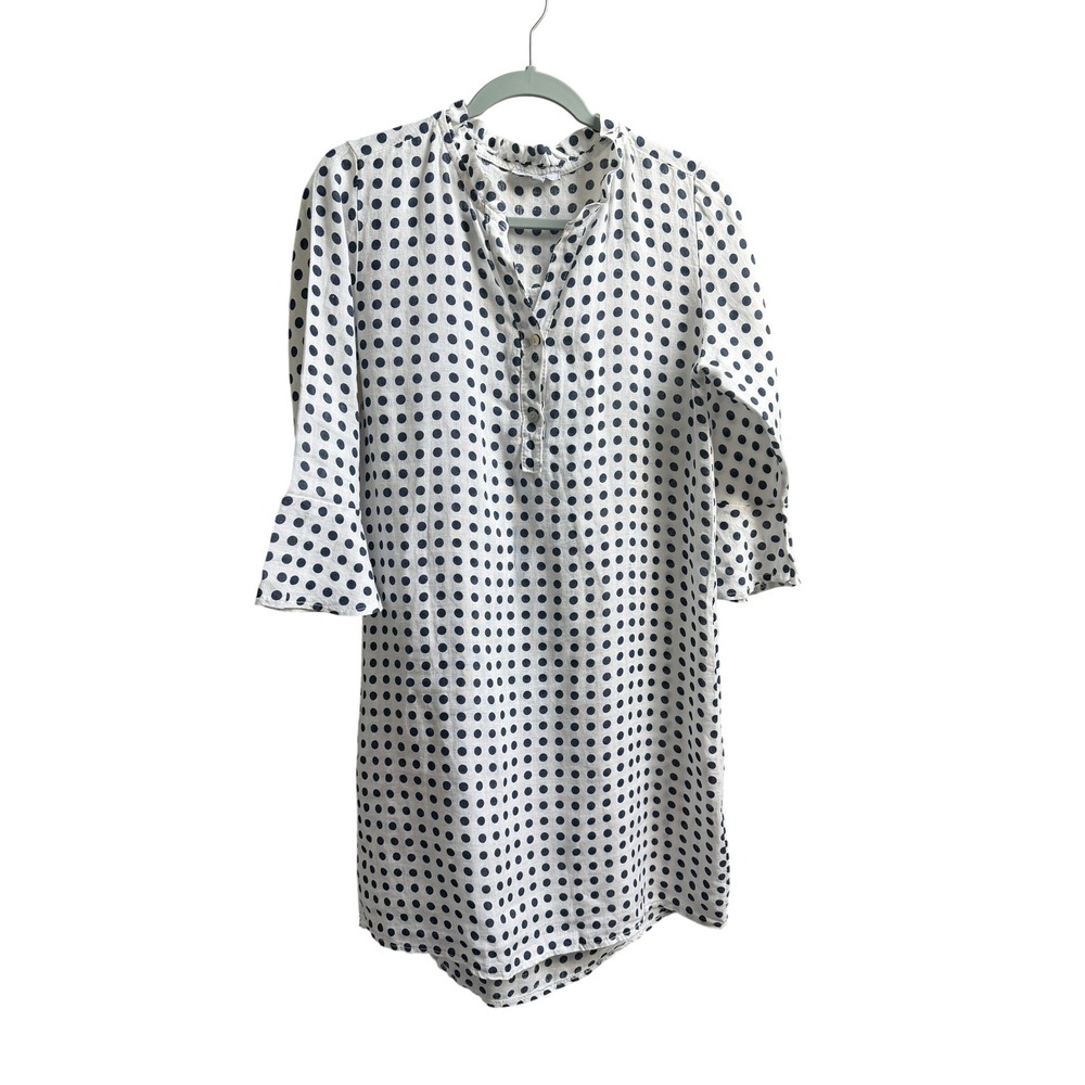 Rosemunde Linen Polka Dot Tunic Dress Ruffle Collar Bell Sleeve White Navy M